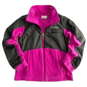 Columbia Fleece Jacket Kids Small 7-8 Pink Black Full Zip Nylon Overlay Pockets
